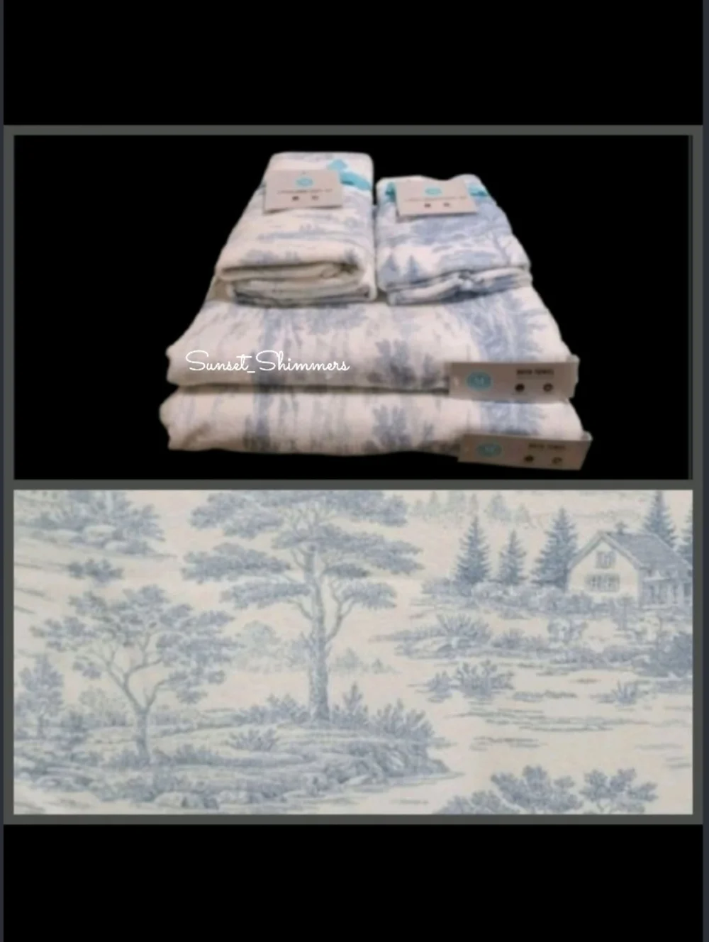 6pc Martha Stewart Blue Toile Velour Bath Hand Tip Towel Set 100% Cotton NEW